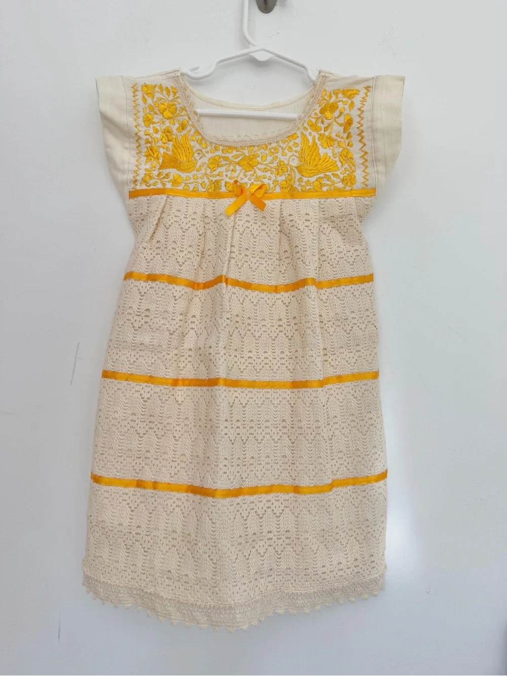 Handmade Mexican Cream and Yellow Embroidered Crochet Kids Dress w Ribbons 3T-4T